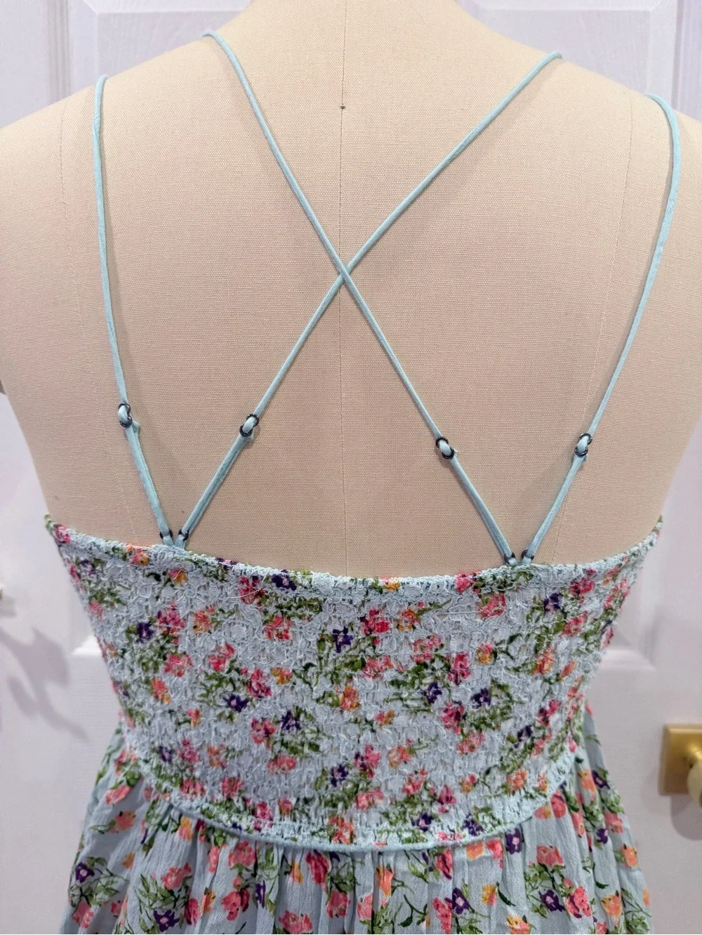BNWOT Free People Pale Blue Floral Lace-Trim Asymmetrical Cross Back Dress - XL - Picture 8 of 15